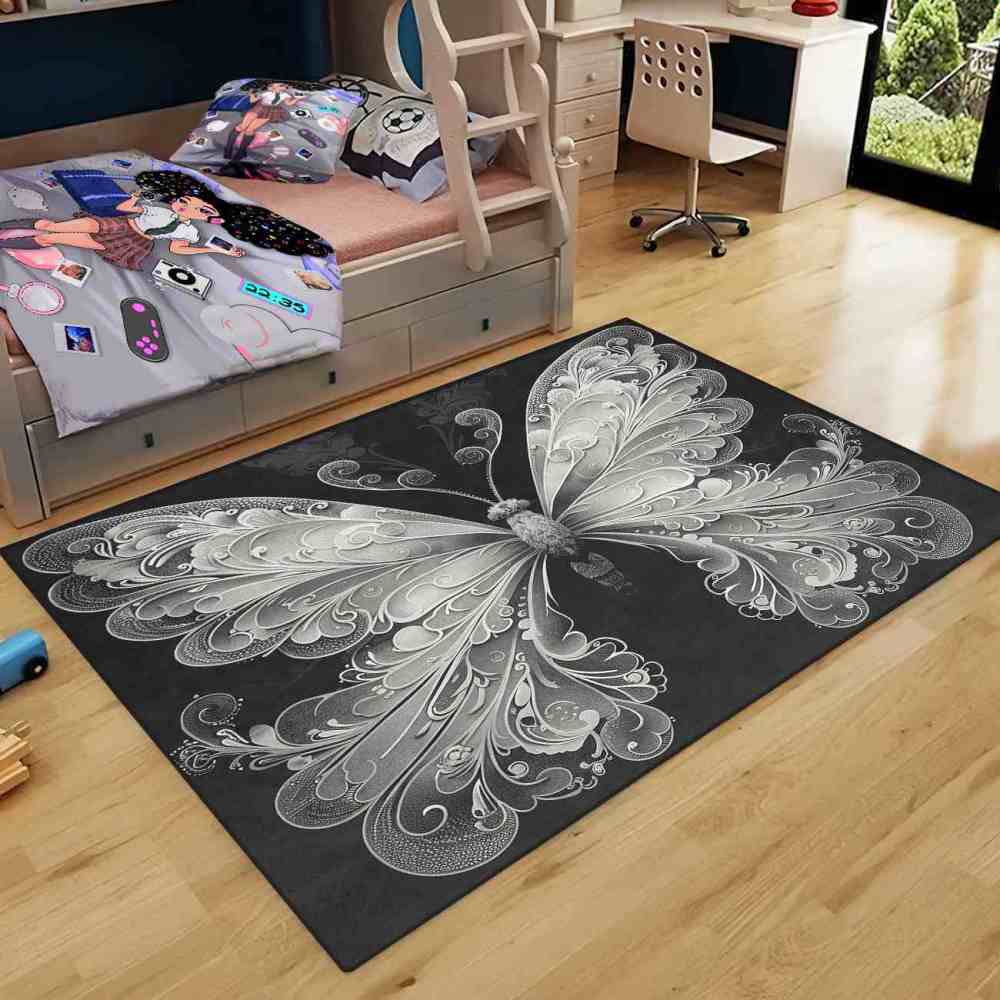 Elegant Monochrome Filigree Butterfly Teen Girls Rug | CozyLil