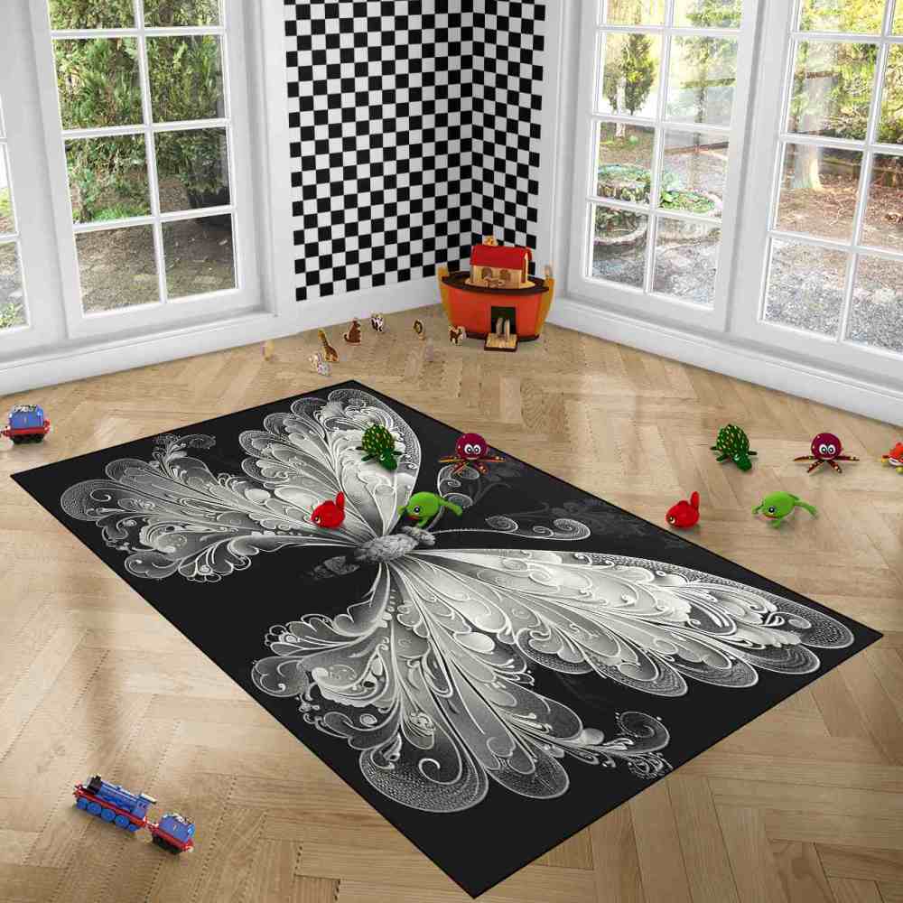Elegant Monochrome Filigree Butterfly Teen Girls Rug | CozyLil