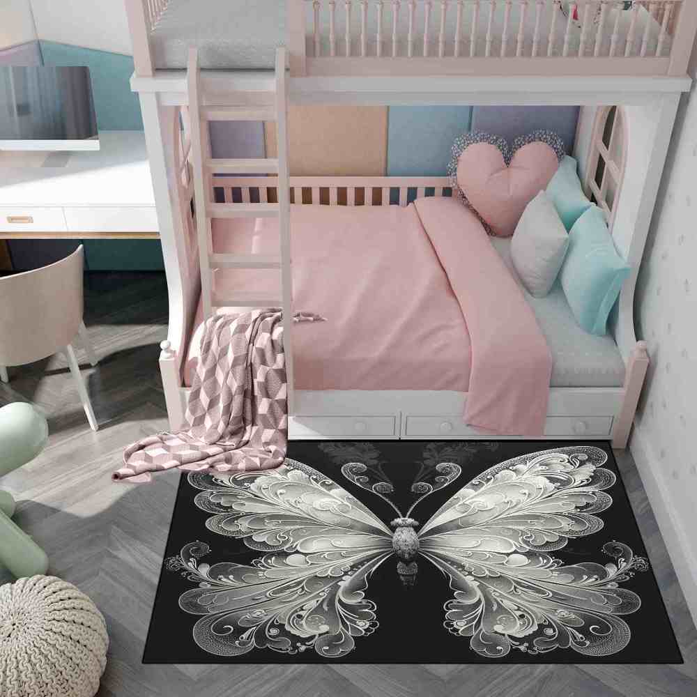 Elegant Monochrome Filigree Butterfly Teen Girls Rug | CozyLil