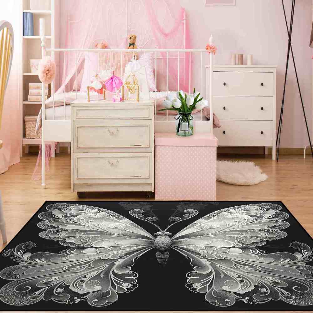 Elegant Monochrome Filigree Butterfly Teen Girls Rug | CozyLil