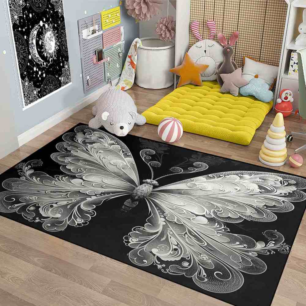 Elegant Monochrome Filigree Butterfly Teen Girls Rug | CozyLil