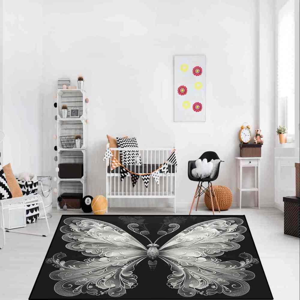 Elegant Monochrome Filigree Butterfly Teen Girls Rug | CozyLil