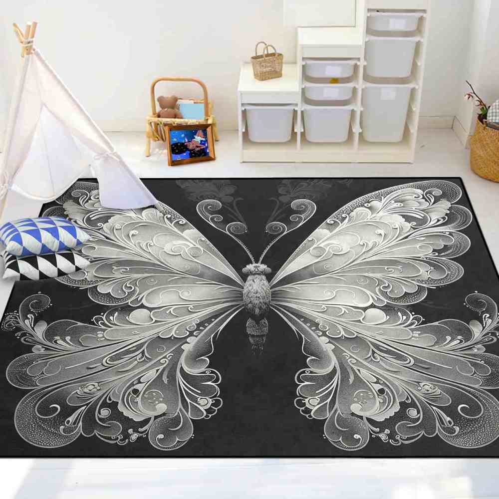 Elegant Monochrome Filigree Butterfly Teen Girls Rug | CozyLil