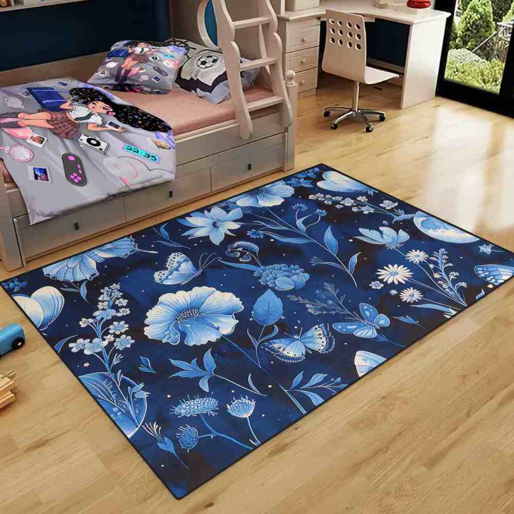 Deep Indigo Floral Butterfly Kids Playroom Mat | CozyLil