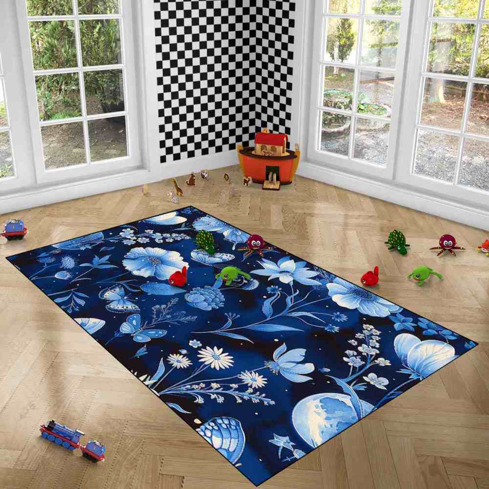 Deep Indigo Floral Butterfly Kids Playroom Mat | CozyLil