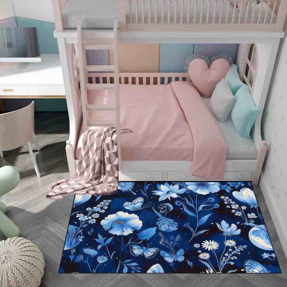 Deep Indigo Floral Butterfly Kids Playroom Mat | CozyLil