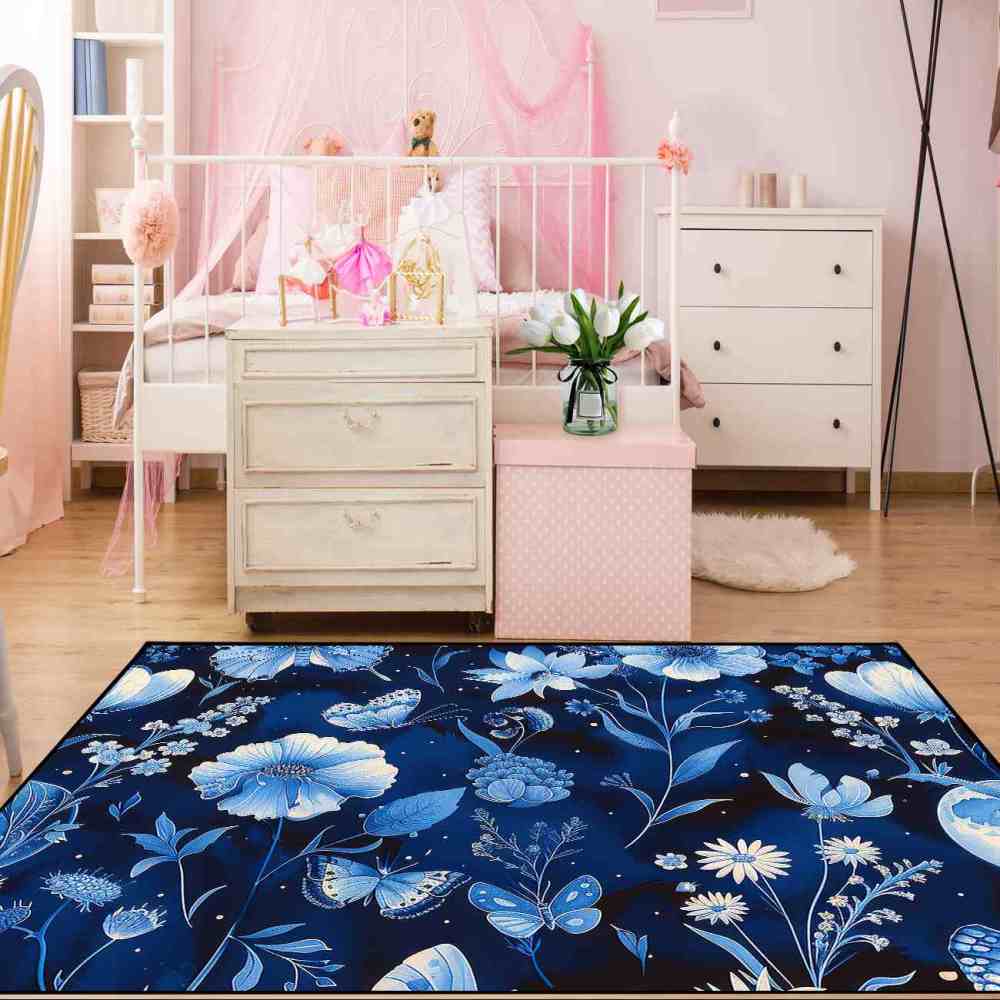 Deep Indigo Floral Butterfly Kids Playroom Mat | CozyLil