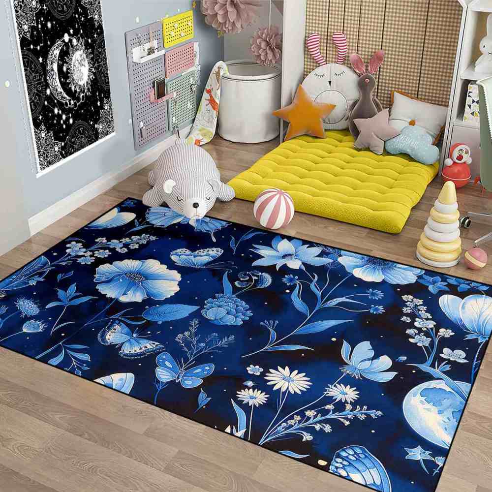 Deep Indigo Floral Butterfly Kids Playroom Mat | CozyLil