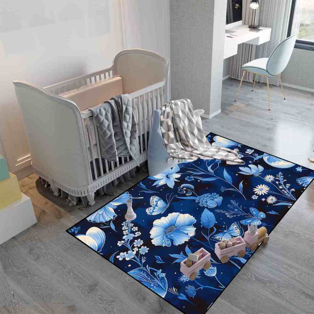 Deep Indigo Floral Butterfly Kids Playroom Mat | CozyLil