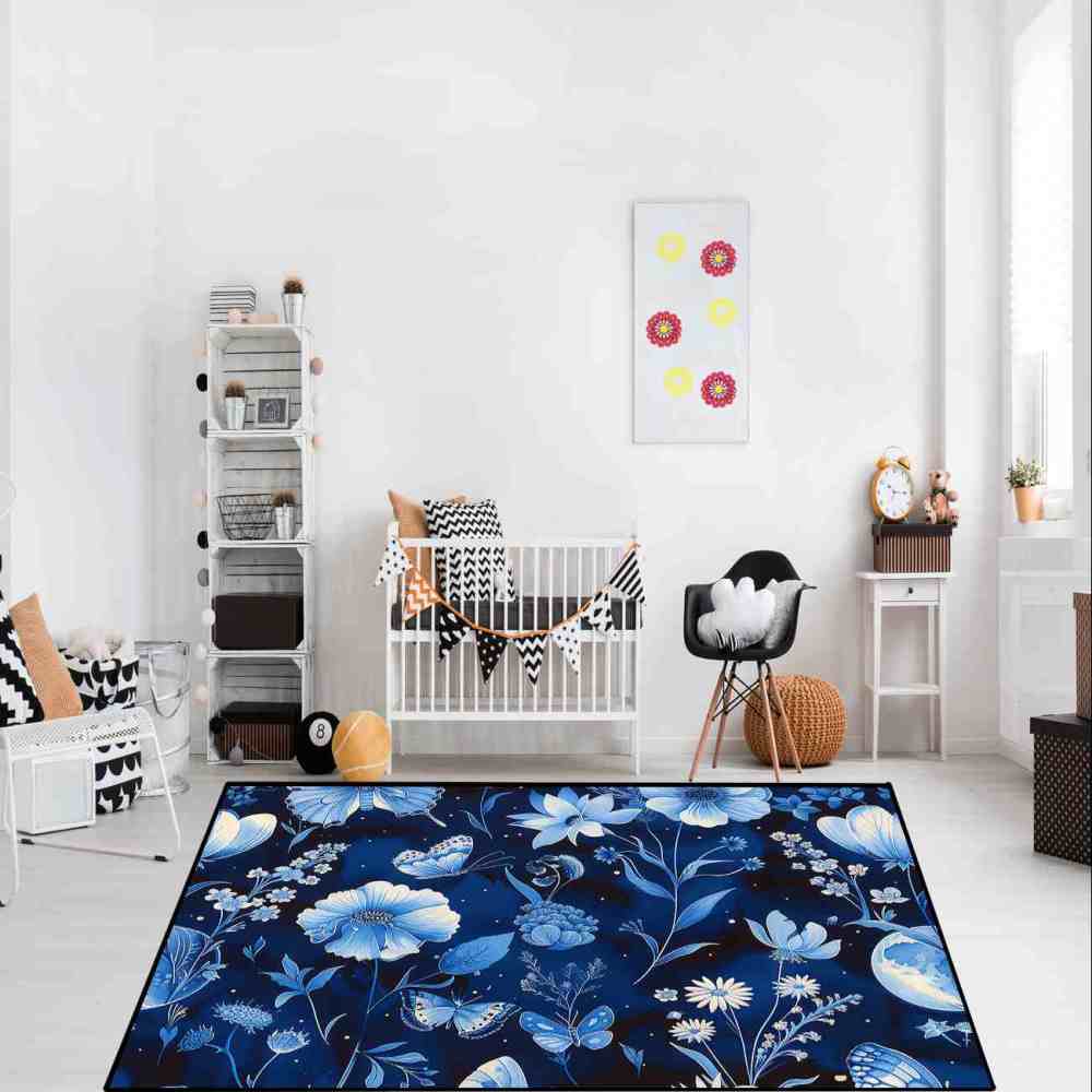 Deep Indigo Floral Butterfly Kids Playroom Mat | CozyLil