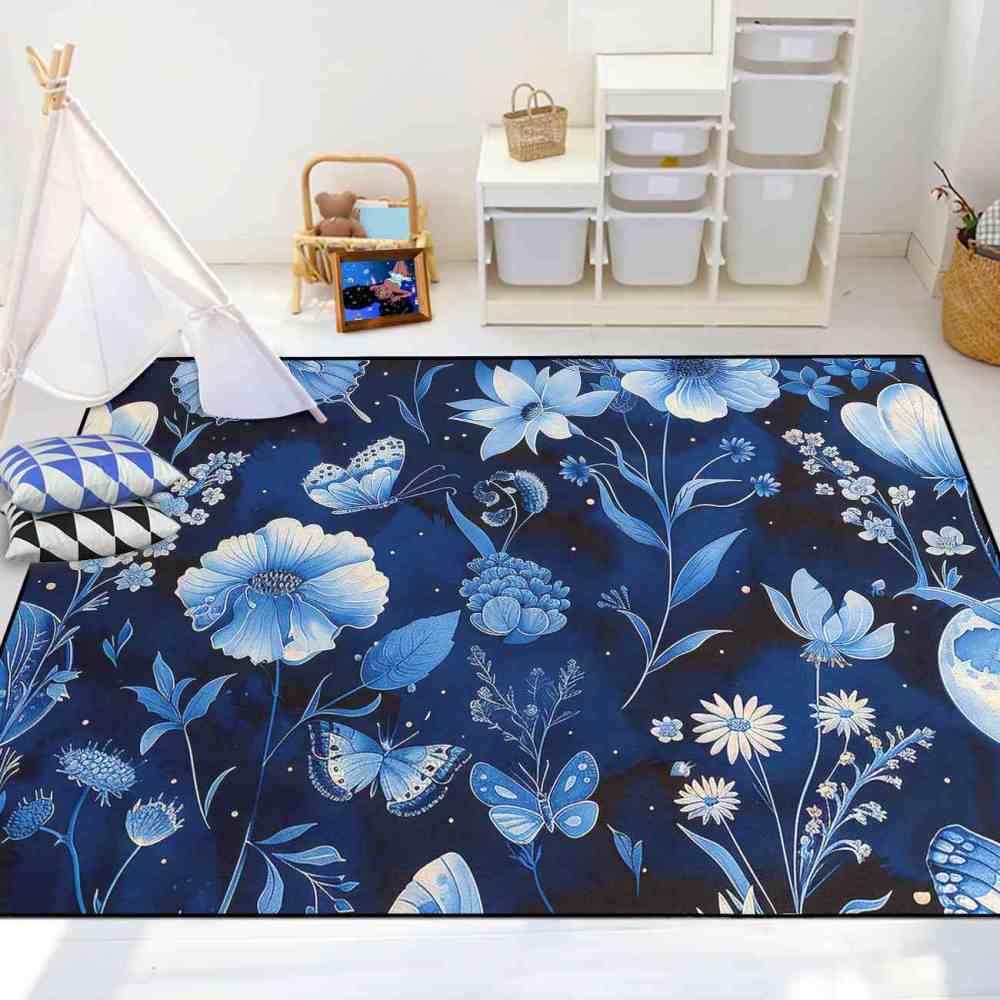 Deep Indigo Floral Butterfly Kids Playroom Mat | CozyLil