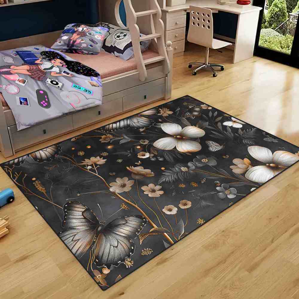 Metallic Style Butterfly Floral Teen Bedroom Rug | CozyLil