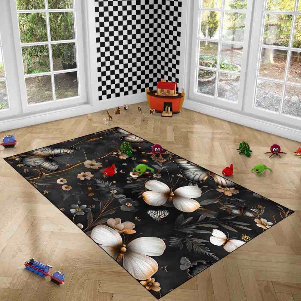 Metallic Style Butterfly Floral Teen Bedroom Rug | CozyLil
