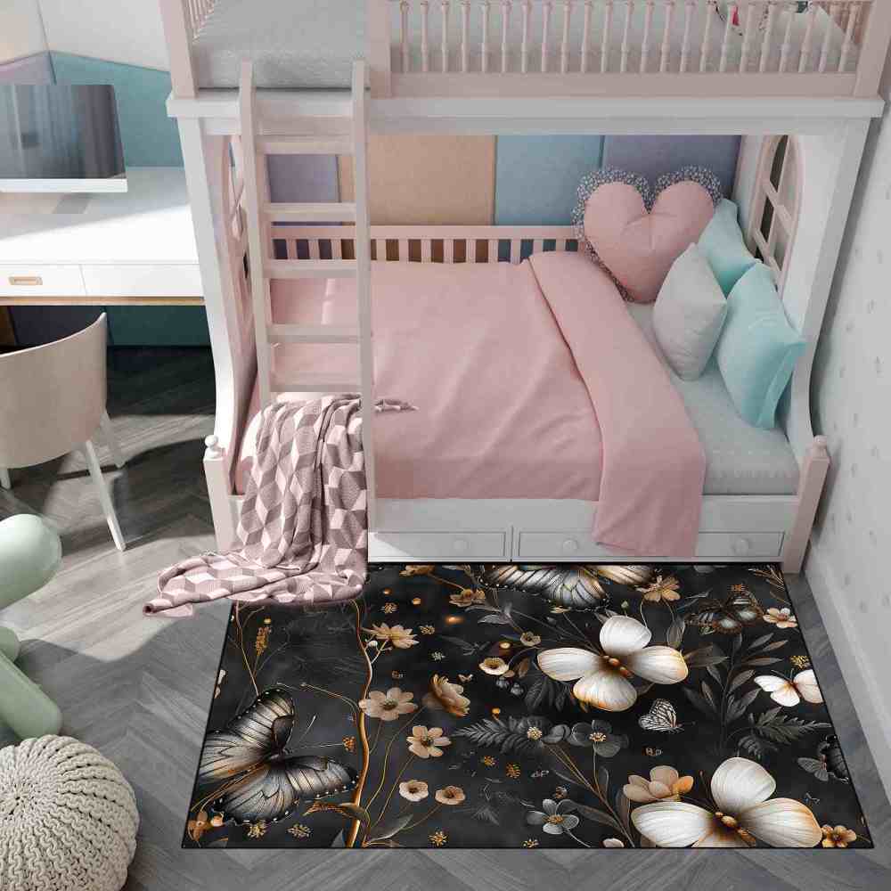 Metallic Style Butterfly Floral Teen Bedroom Rug | CozyLil