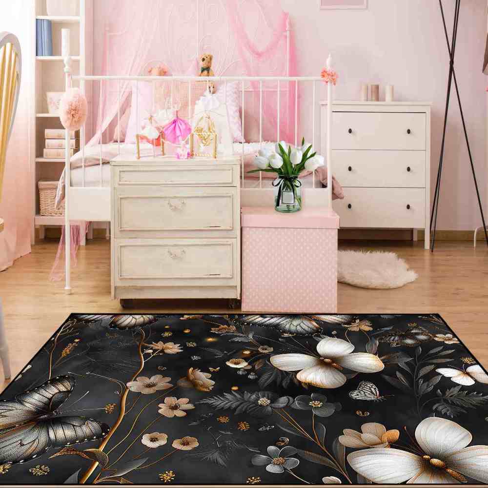 Metallic Style Butterfly Floral Teen Bedroom Rug | CozyLil