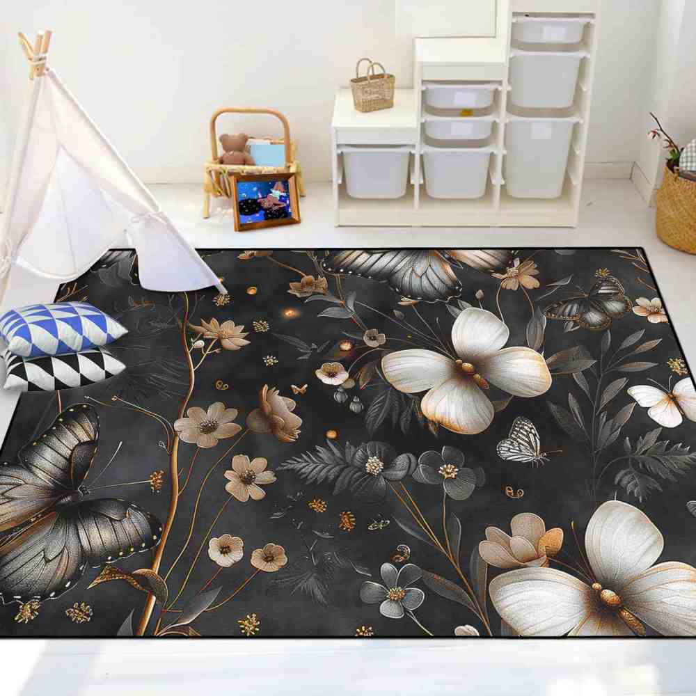 Metallic Style Butterfly Floral Teen Bedroom Rug | CozyLil