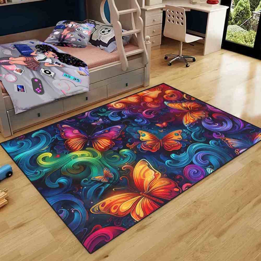 Vibrant Swirls Colorful Butterfly Kids Playroom Rug | CozyLil