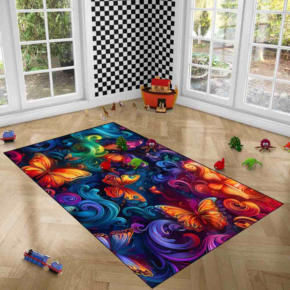 Vibrant Swirls Colorful Butterfly Kids Playroom Rug | CozyLil