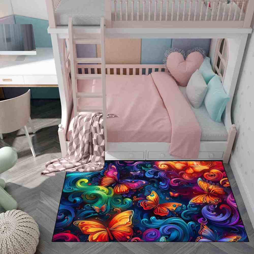 Vibrant Swirls Colorful Butterfly Kids Playroom Rug | CozyLil