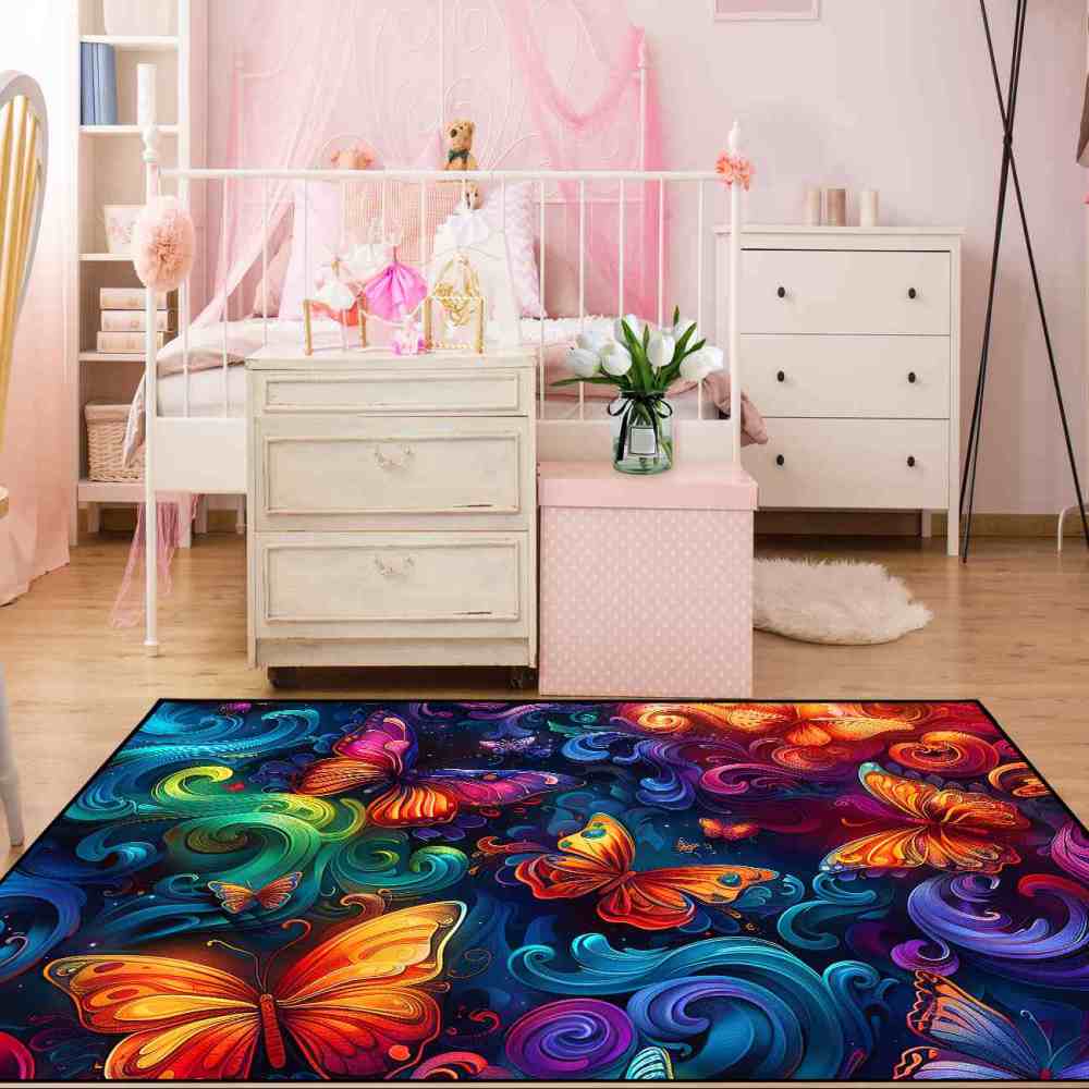 Vibrant Swirls Colorful Butterfly Kids Playroom Rug | CozyLil