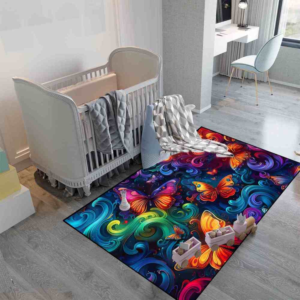 Vibrant Swirls Colorful Butterfly Kids Playroom Rug | CozyLil