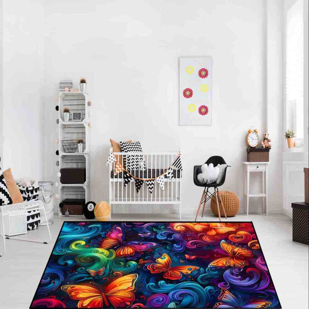 Vibrant Swirls Colorful Butterfly Kids Playroom Rug | CozyLil