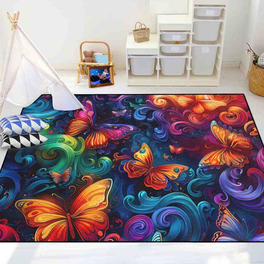 Vibrant Swirls Colorful Butterfly Kids Playroom Rug | CozyLil
