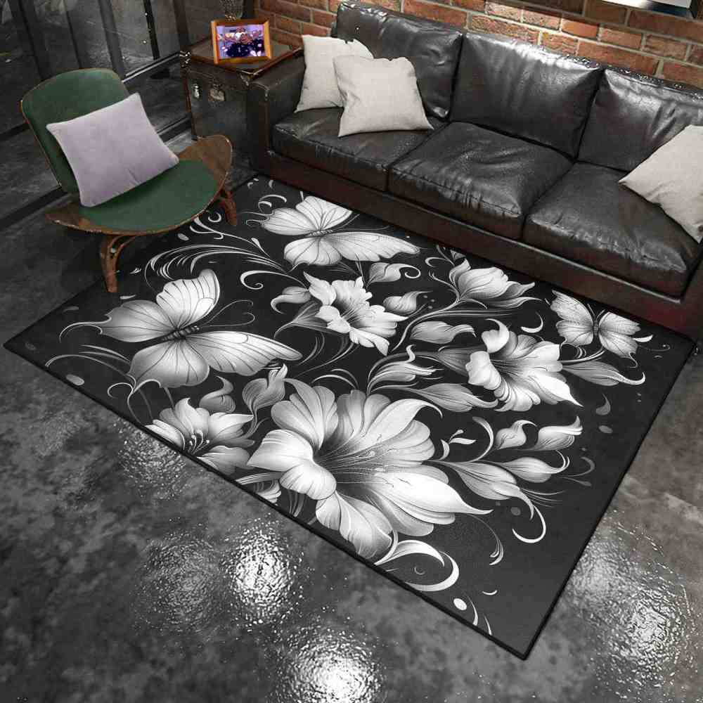 Modern Monochrome Floral Butterfly Teen Room Rug | CozyLil