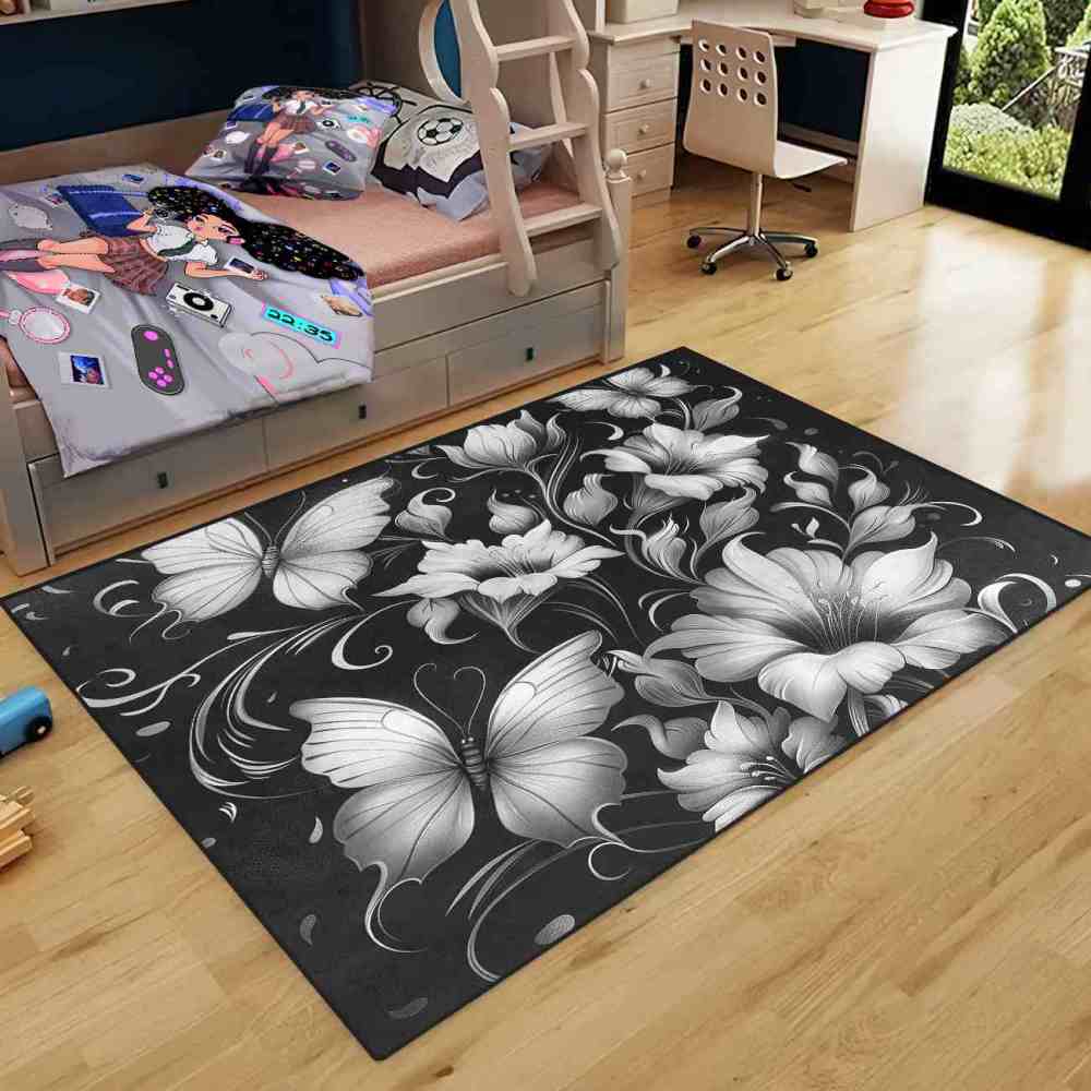 Modern Monochrome Floral Butterfly Teen Room Rug | CozyLil