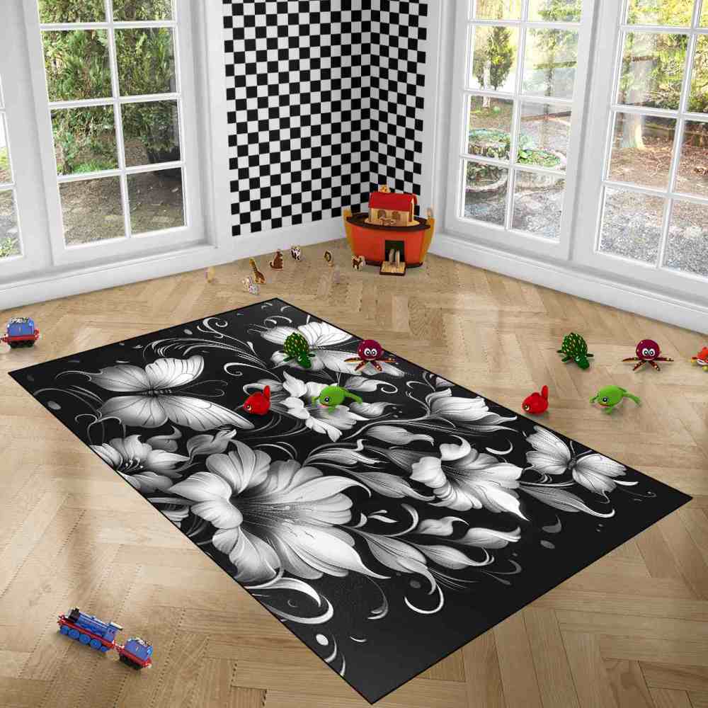Modern Monochrome Floral Butterfly Teen Room Rug | CozyLil