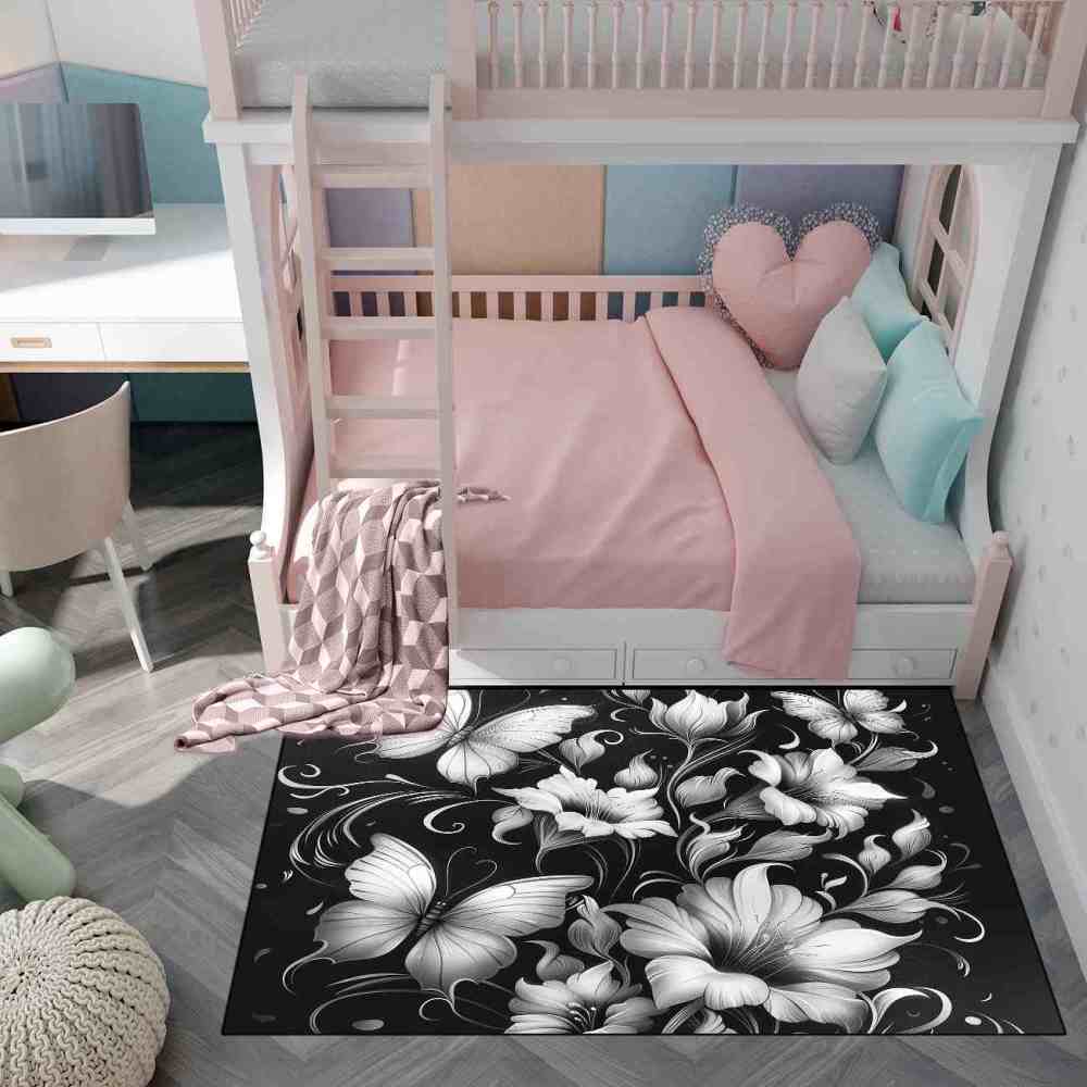 Modern Monochrome Floral Butterfly Teen Room Rug | CozyLil