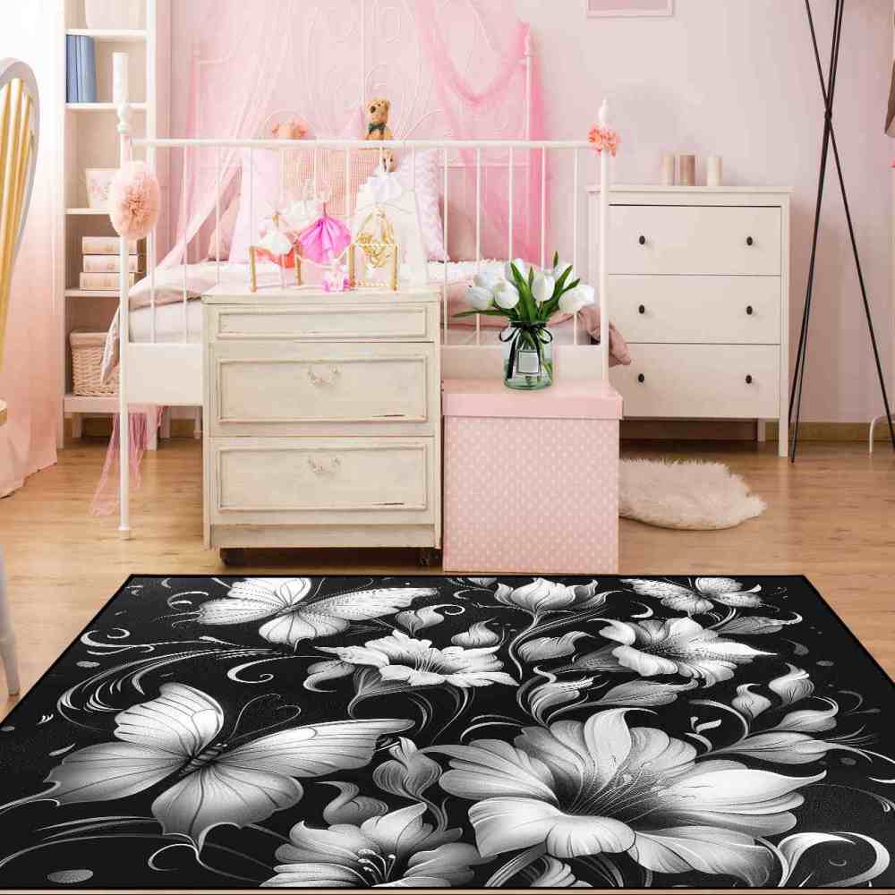 Modern Monochrome Floral Butterfly Teen Room Rug | CozyLil