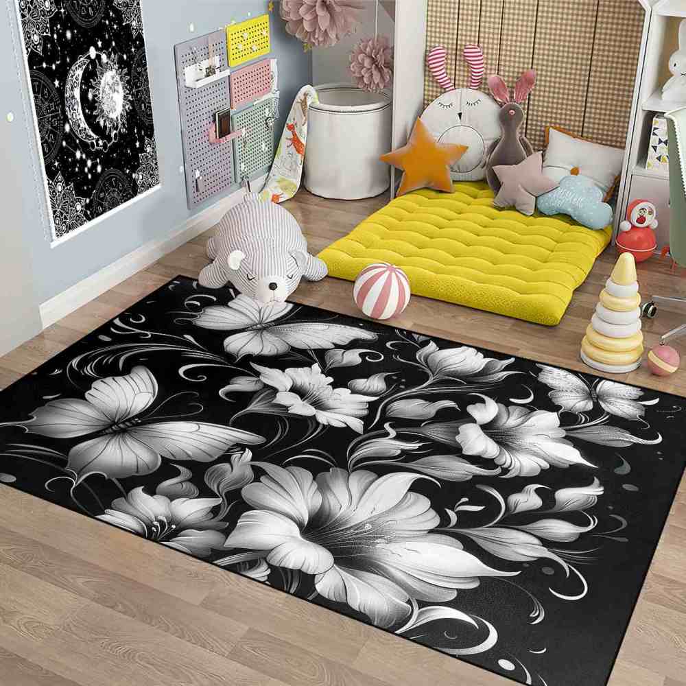 Modern Monochrome Floral Butterfly Teen Room Rug | CozyLil