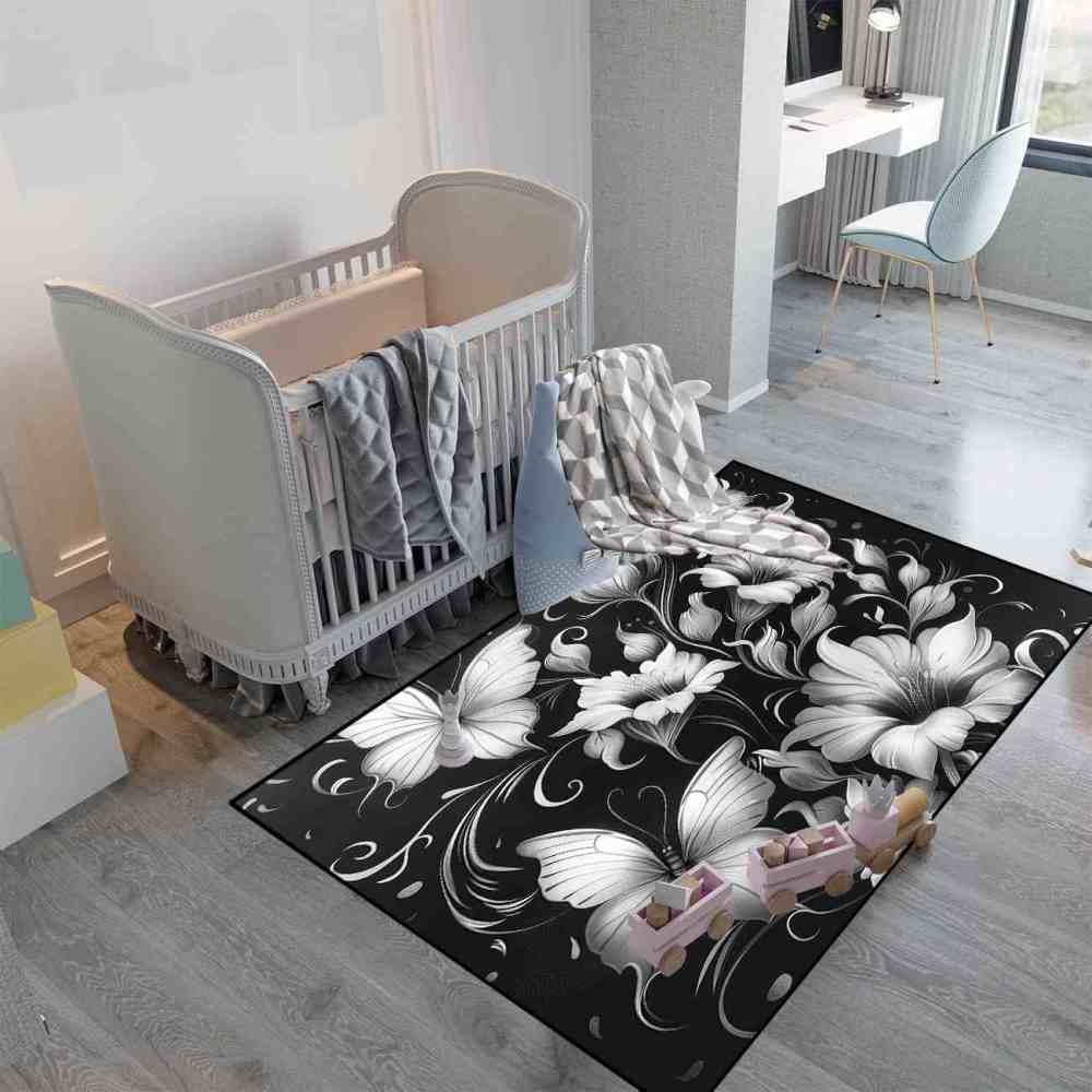 Modern Monochrome Floral Butterfly Teen Room Rug | CozyLil