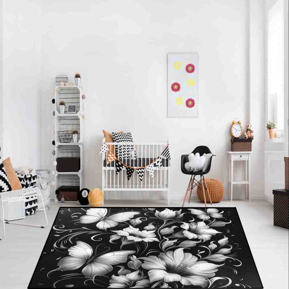 Modern Monochrome Floral Butterfly Teen Room Rug | CozyLil
