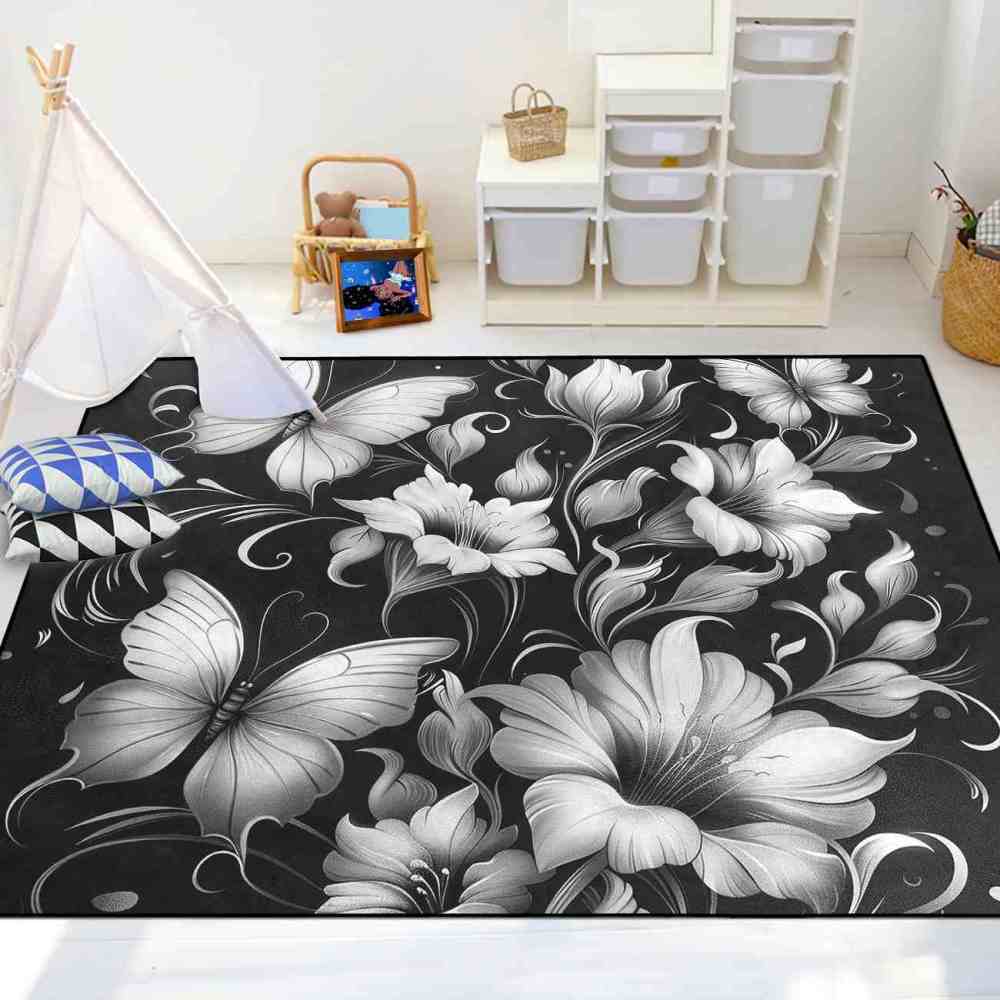 Modern Monochrome Floral Butterfly Teen Room Rug | CozyLil