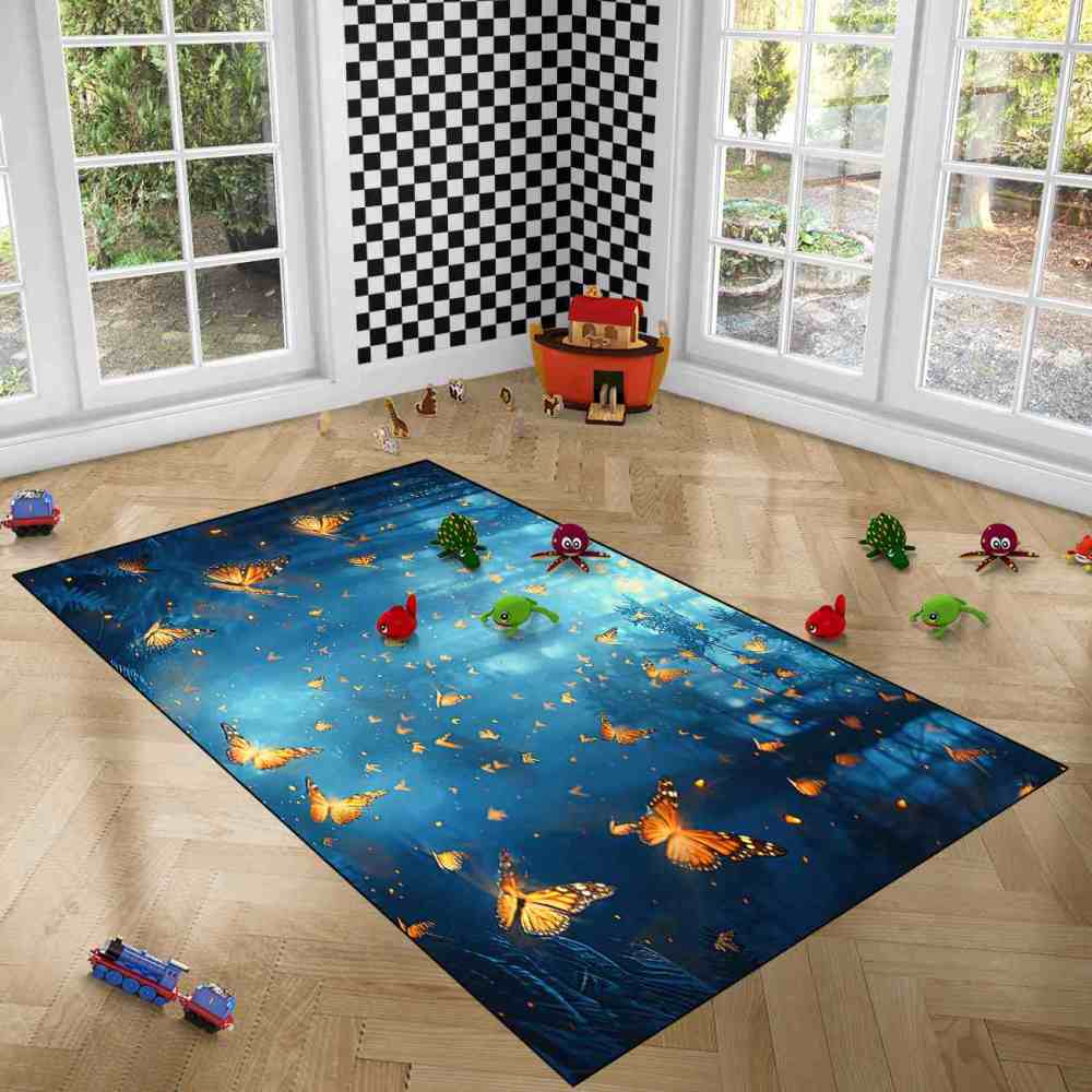 Fantasy Blue Forest Butterfly Kids Playroom Rug | CozyLil