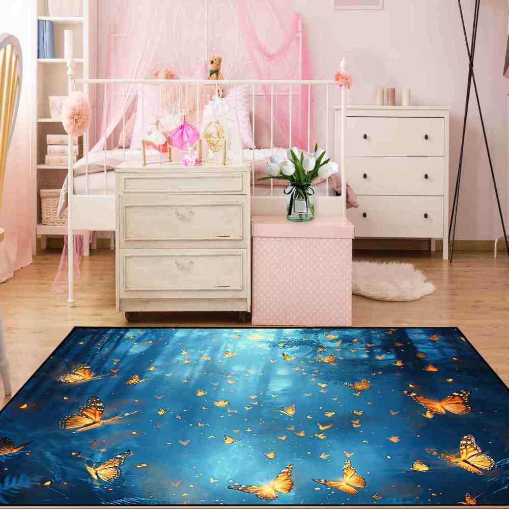 Fantasy Blue Forest Butterfly Kids Playroom Rug | CozyLil