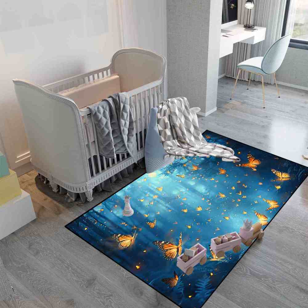 Fantasy Blue Forest Butterfly Kids Playroom Rug | CozyLil