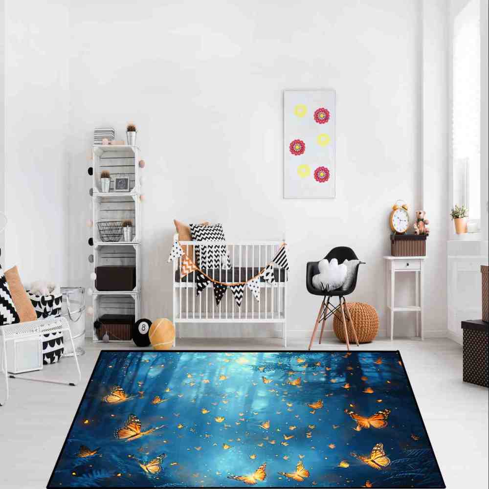 Fantasy Blue Forest Butterfly Kids Playroom Rug | CozyLil