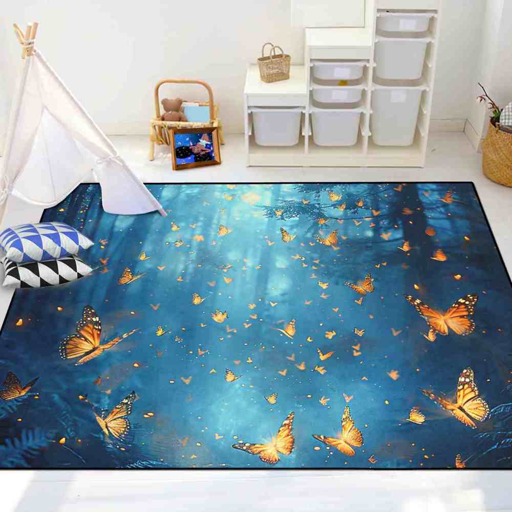 Fantasy Blue Forest Butterfly Kids Playroom Rug | CozyLil