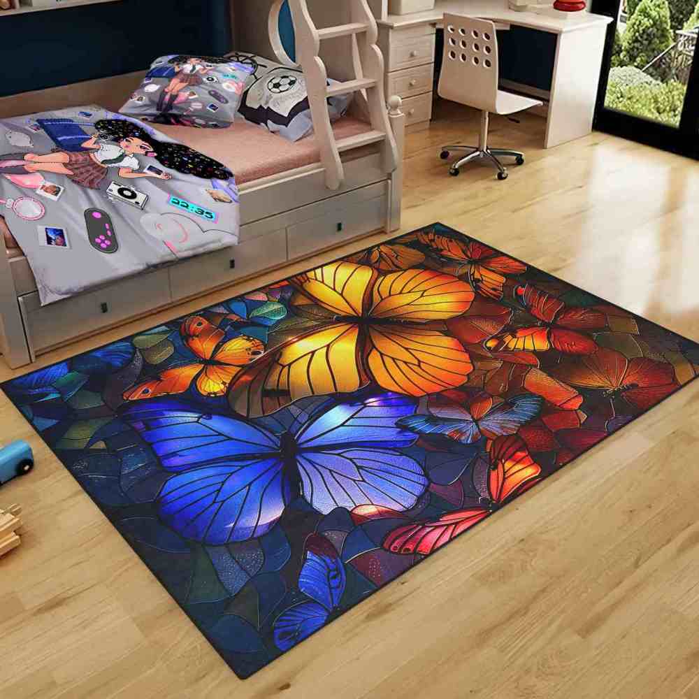 Stained Glass Style Colorful Butterfly Kids Rug | CozyLil