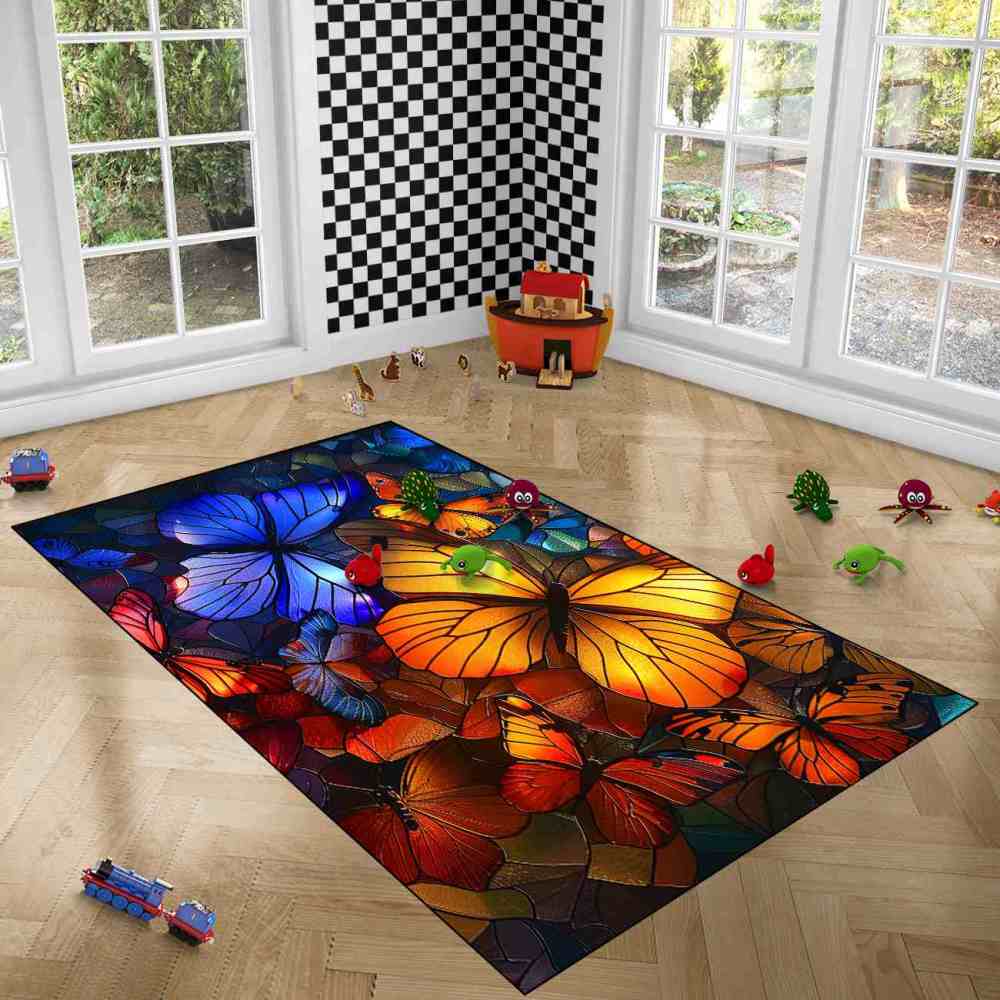Stained Glass Style Colorful Butterfly Kids Rug | CozyLil