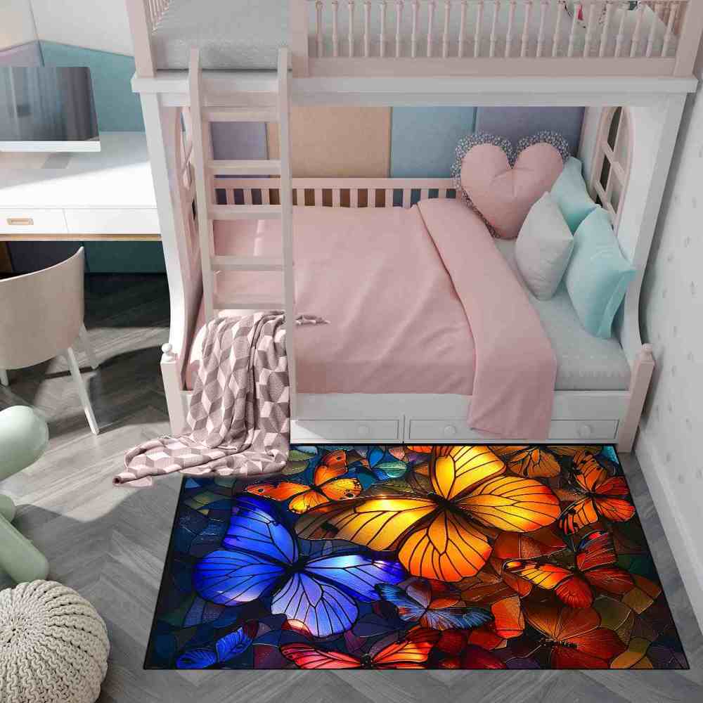 Stained Glass Style Colorful Butterfly Kids Rug | CozyLil