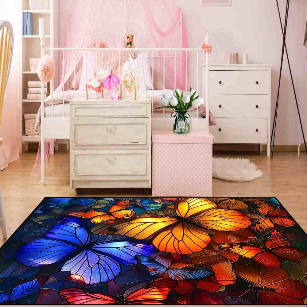 Stained Glass Style Colorful Butterfly Kids Rug | CozyLil