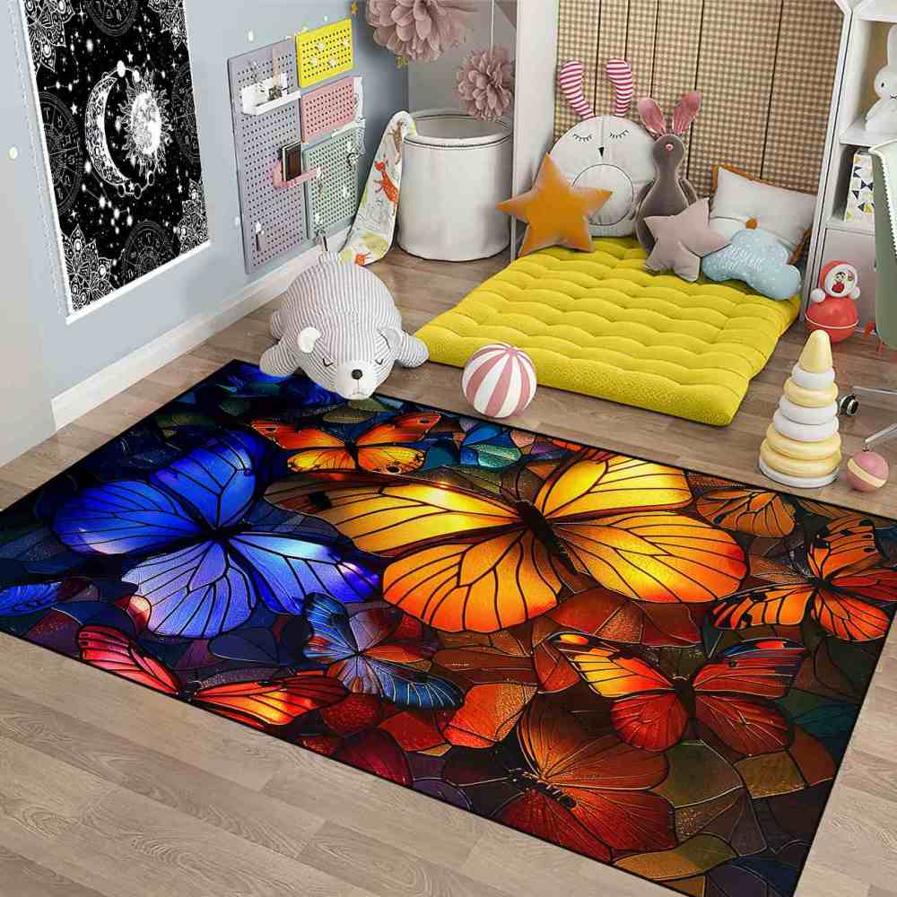 Stained Glass Style Colorful Butterfly Kids Rug | CozyLil