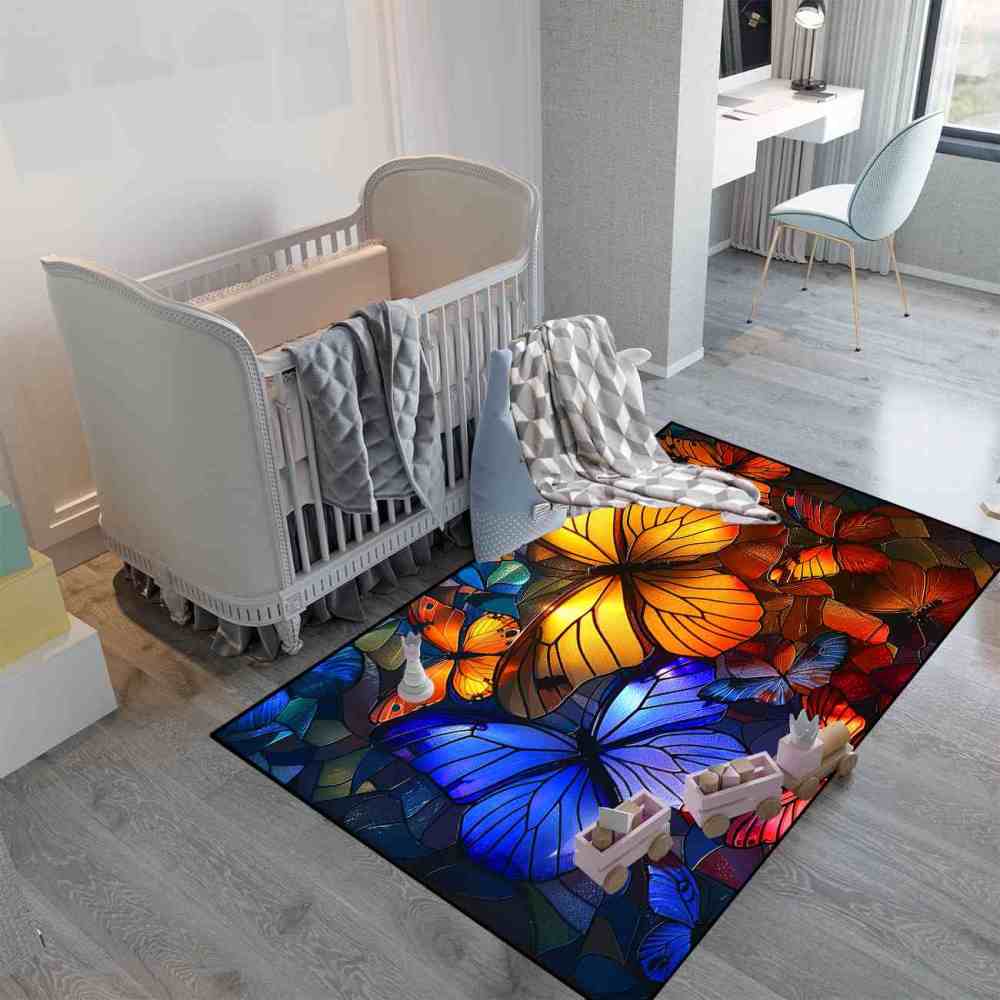 Stained Glass Style Colorful Butterfly Kids Rug | CozyLil