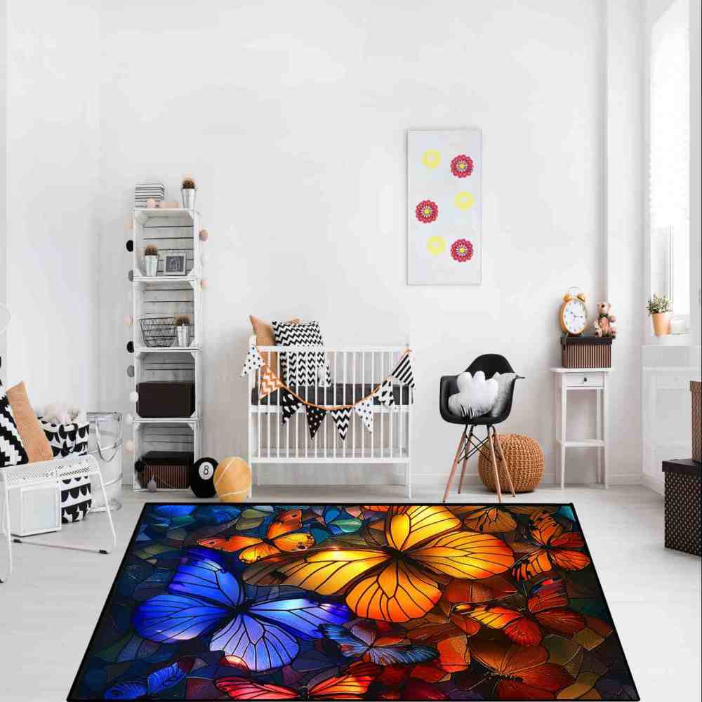 Stained Glass Style Colorful Butterfly Kids Rug | CozyLil
