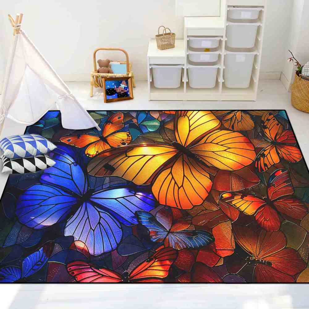 Stained Glass Style Colorful Butterfly Kids Rug | CozyLil