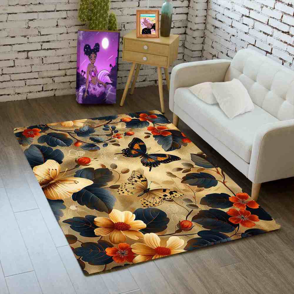 Yellow Daisy & Butterfly Toddler Playroom Rug Nature Decor | CozyLil